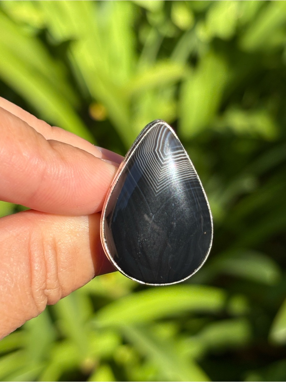 SIZE 11 Teardrop Black Agate Ring Silver Band